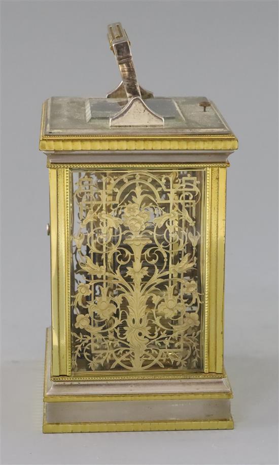 An early 20th century silvered and ormolu hour repeating carriage clock, H.6.25in.